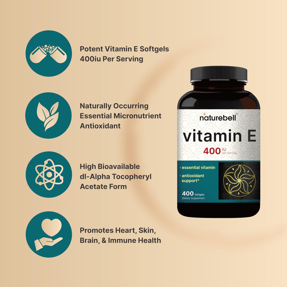 NatureBell Vitamin E Softgels 400 IU – 400 كبسولة هلامية، غير معدل وراثيًا