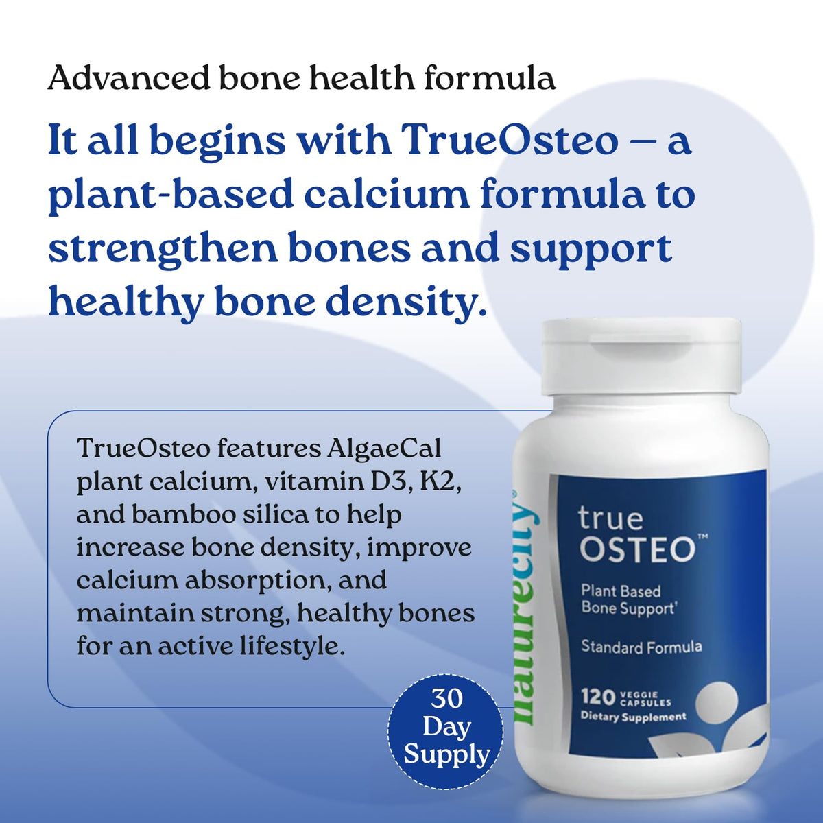 NatureCity True-Osteo: Plant-Based Calcium + Magnesium with Vitamin D3 & K2 | 360 Capsules