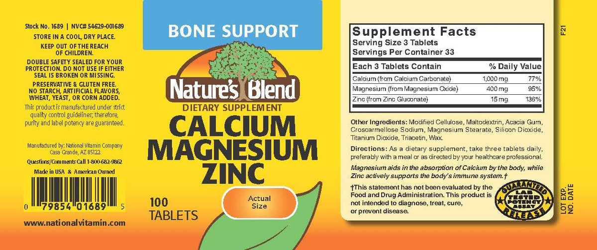 Nature's Blend أقراص الكالسيوم والمغنيسيوم والزنك - بدون نكهة، 100 قرص | خالٍ من الجلوتين