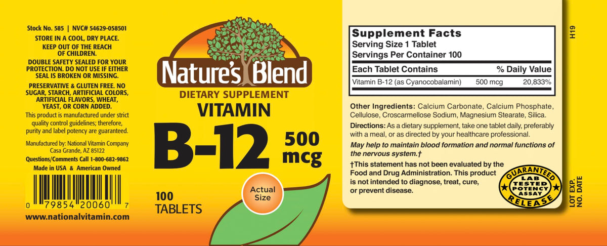 Nature's Blend فيتامين ب-12 500 ميكروجرام – 100 قرص | مكمل سيانوكوبالامين