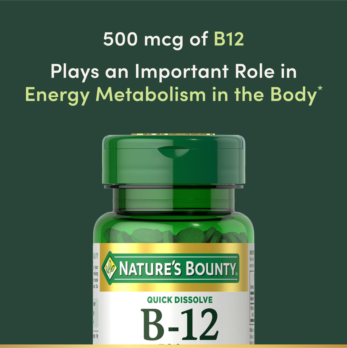 Nature's Bounty فيتامين ب12 500 ميكروجرام أقراص سريعة الذوبان | دعم الطاقة والأعصاب