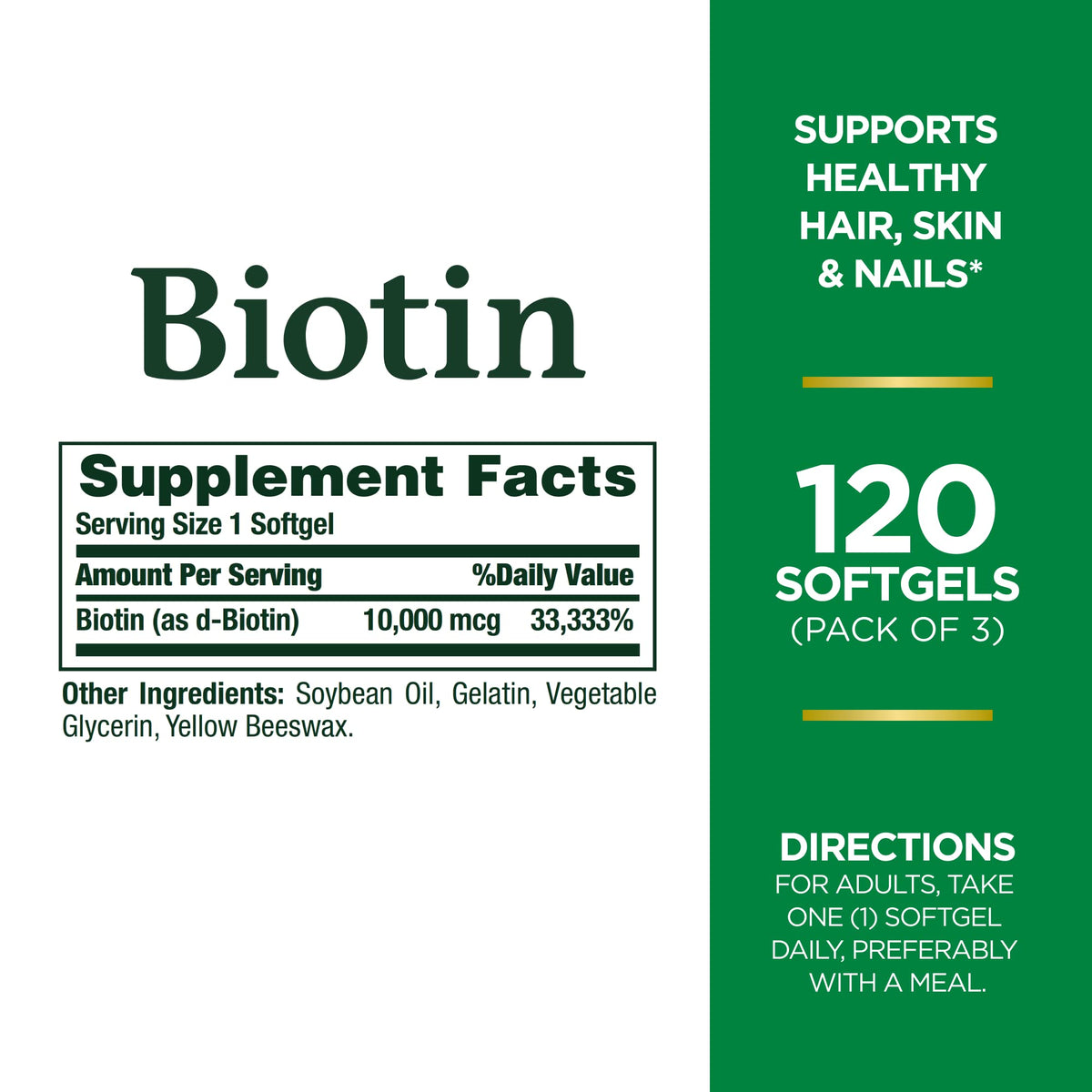 Nature's Bounty Biotin 10,000 mcg – للشعر والبشرة والأظافر – عبوة من 3 قطع، 120 كبسولة