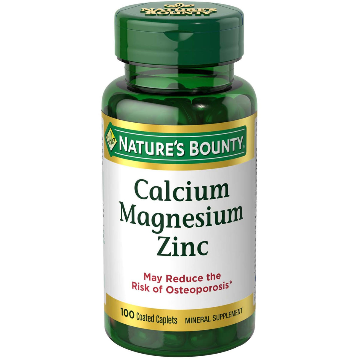أقراص Nature's Bounty Calcium Magnesium Zinc – لصحة العظام والمناعة، 1000 ملجم كالسيوم، 400 ملجم مغنيسيوم، 600 وحدة دولية فيتامين د، خالي من الجلوتين | 100 قرص
