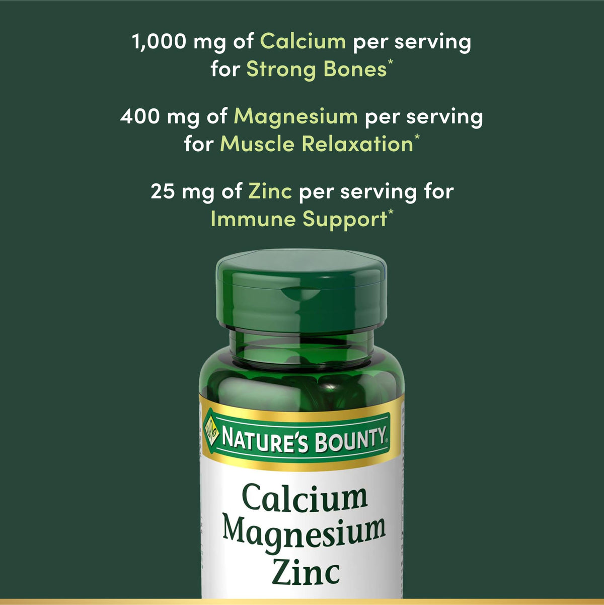 أقراص Nature's Bounty Calcium Magnesium Zinc – لصحة العظام والمناعة، 1000 ملجم كالسيوم، 400 ملجم مغنيسيوم، 600 وحدة دولية فيتامين د، خالي من الجلوتين | 100 قرص