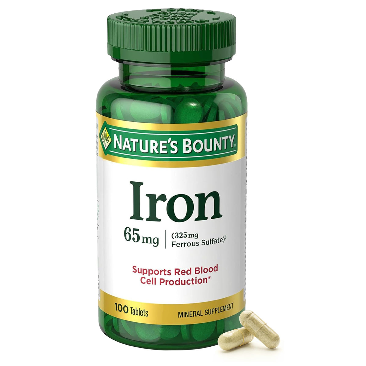 Nature's Bounty Iron 65 mg | كبريتات الحديدوز 325 ملجم | خالٍ من الجلوتين، 100 قرص نباتي