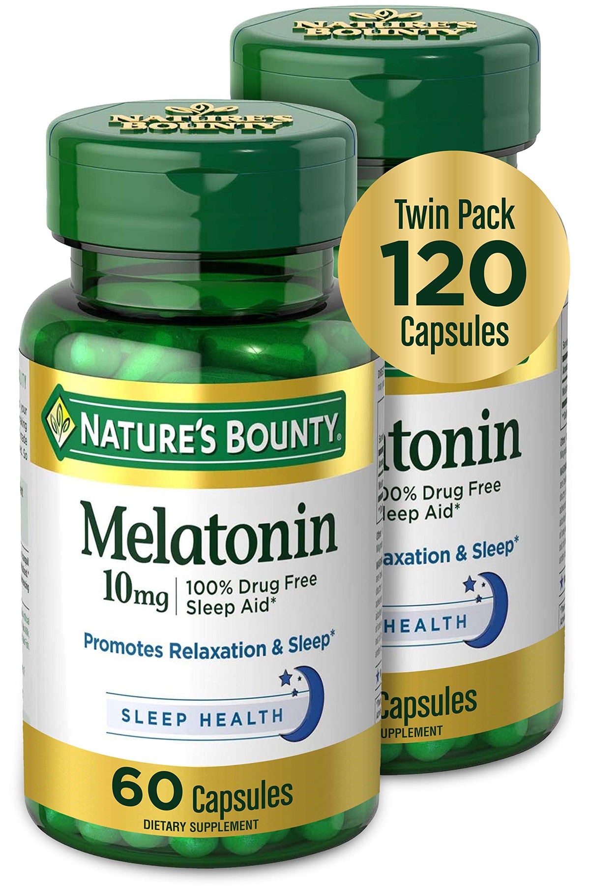 Nature's Bounty ميلاتونين 10 ملغ عبوة مزدوجة - لدعم النوم، 60 كبسولة (عبوتان)
