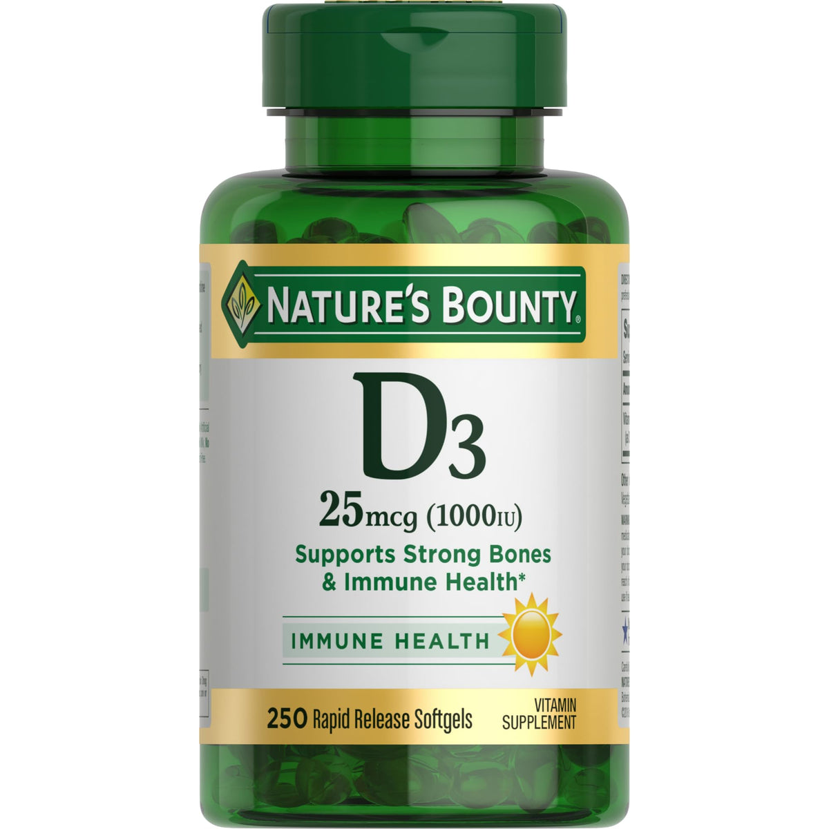 Nature's Bounty فيتامين د3 1000 وحدة دولية - دعم المناعة وصحة العظام - 250 كبسولة هلامية سريعة التحرير