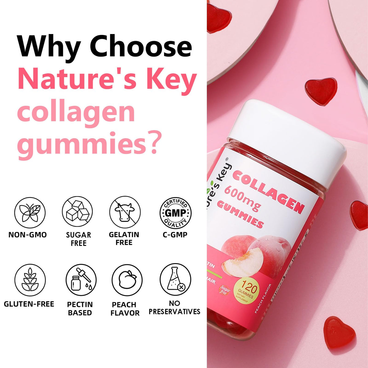 Nature's Key Collagen Gummies β 600mg Collagen, Vitamin C & Biotin, Sugar-Free Peach (120 Gummies)