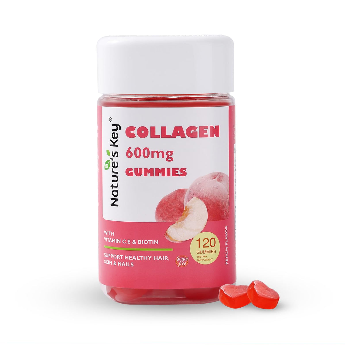 Nature's Key Collagen Gummies β 600mg Collagen, Vitamin C & Biotin, Sugar-Free Peach (120 Gummies)