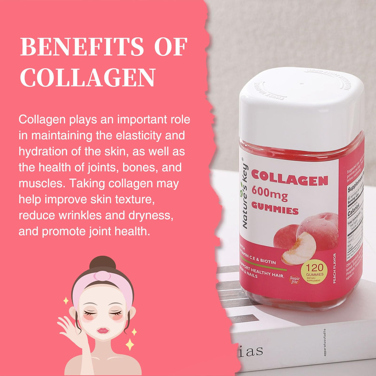 Nature's Key Collagen Gummies β 600mg Collagen, Vitamin C & Biotin, Sugar-Free Peach (120 Gummies)