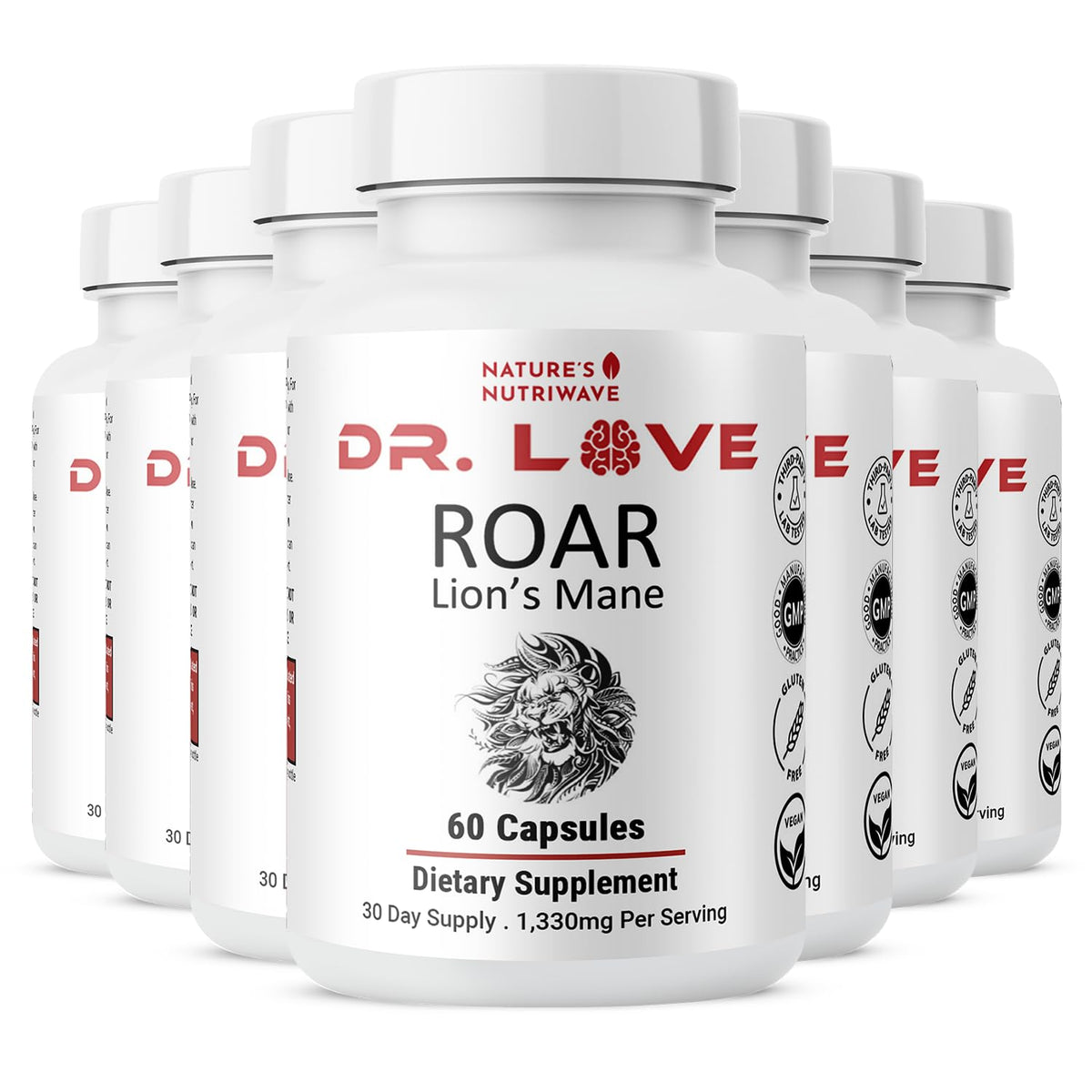 Nature’s NutriWave Dr. Love Roar Lion’s Mane Mushroom Supplement – تركيبة نباتية مع فطر كورديسيبس وريشي وشيتاكي | نباتي، خالٍ من الغلوتين، معتمد من ممارسات التصنيع الجيدة (GMP)، صنع في الولايات المتحدة الأمريكية – 60 كبسولة