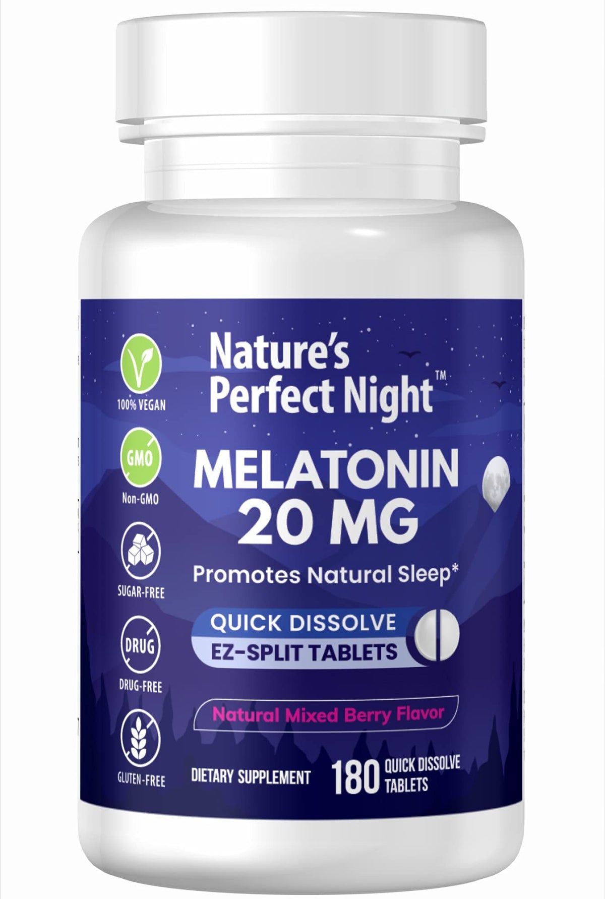 Nature's Perfect Night Melatonin 20mg | 180 أقراص سريعة الذوبان | خالي من السكر
