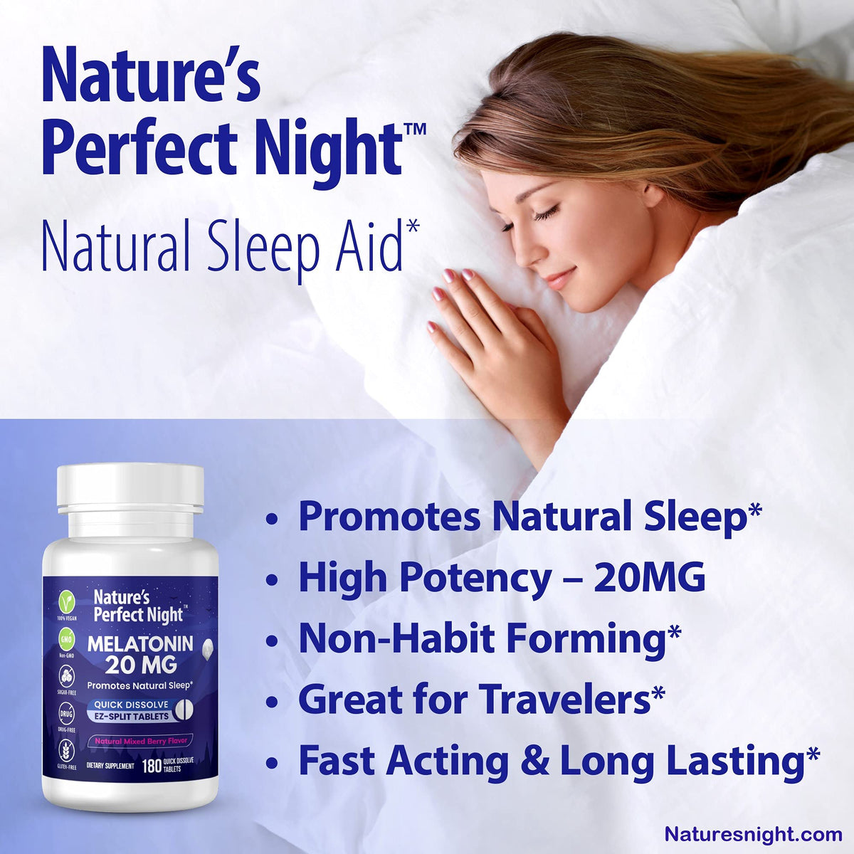 Nature's Perfect Night Melatonin 20mg | 180 أقراص سريعة الذوبان | خالي من السكر