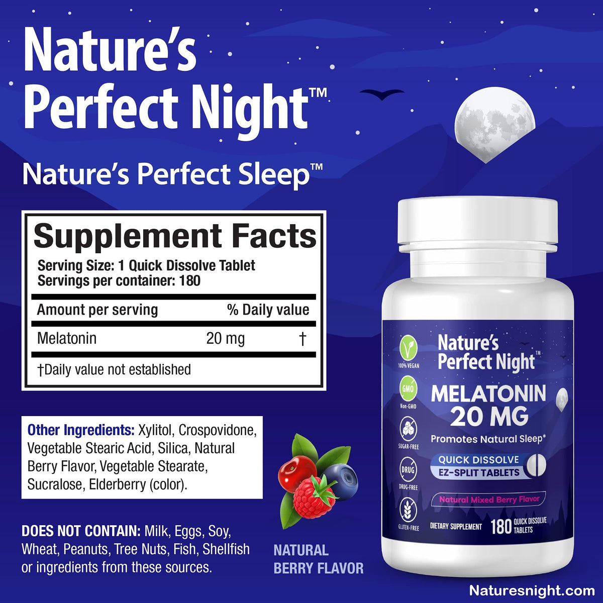 Nature's Perfect Night Melatonin 20mg | 180 أقراص سريعة الذوبان | خالي من السكر