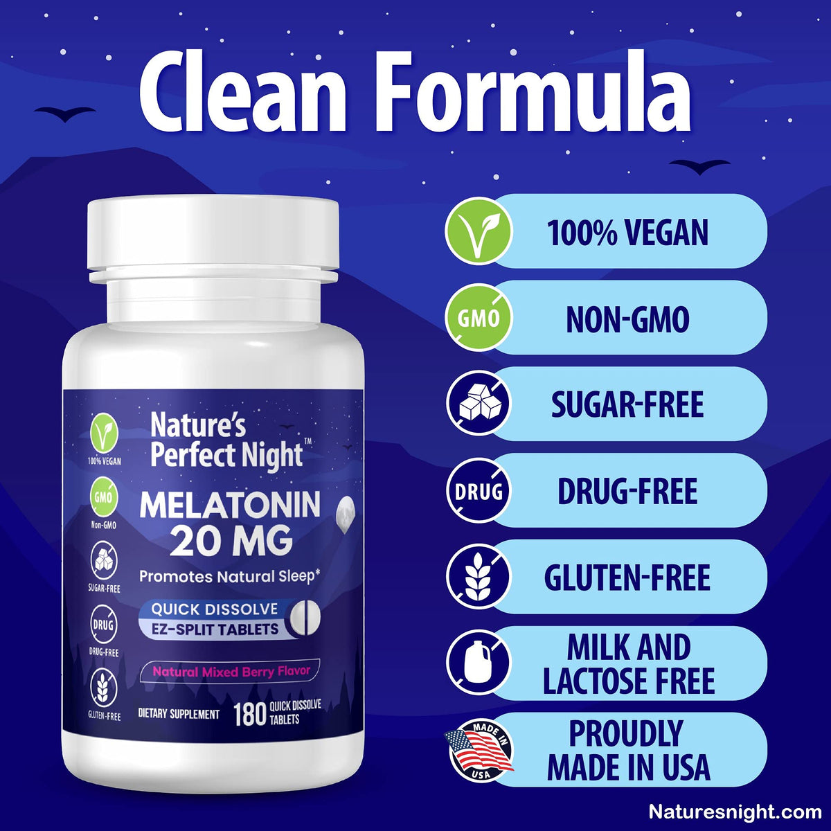 Nature's Perfect Night Melatonin 20mg | 180 أقراص سريعة الذوبان | خالي من السكر