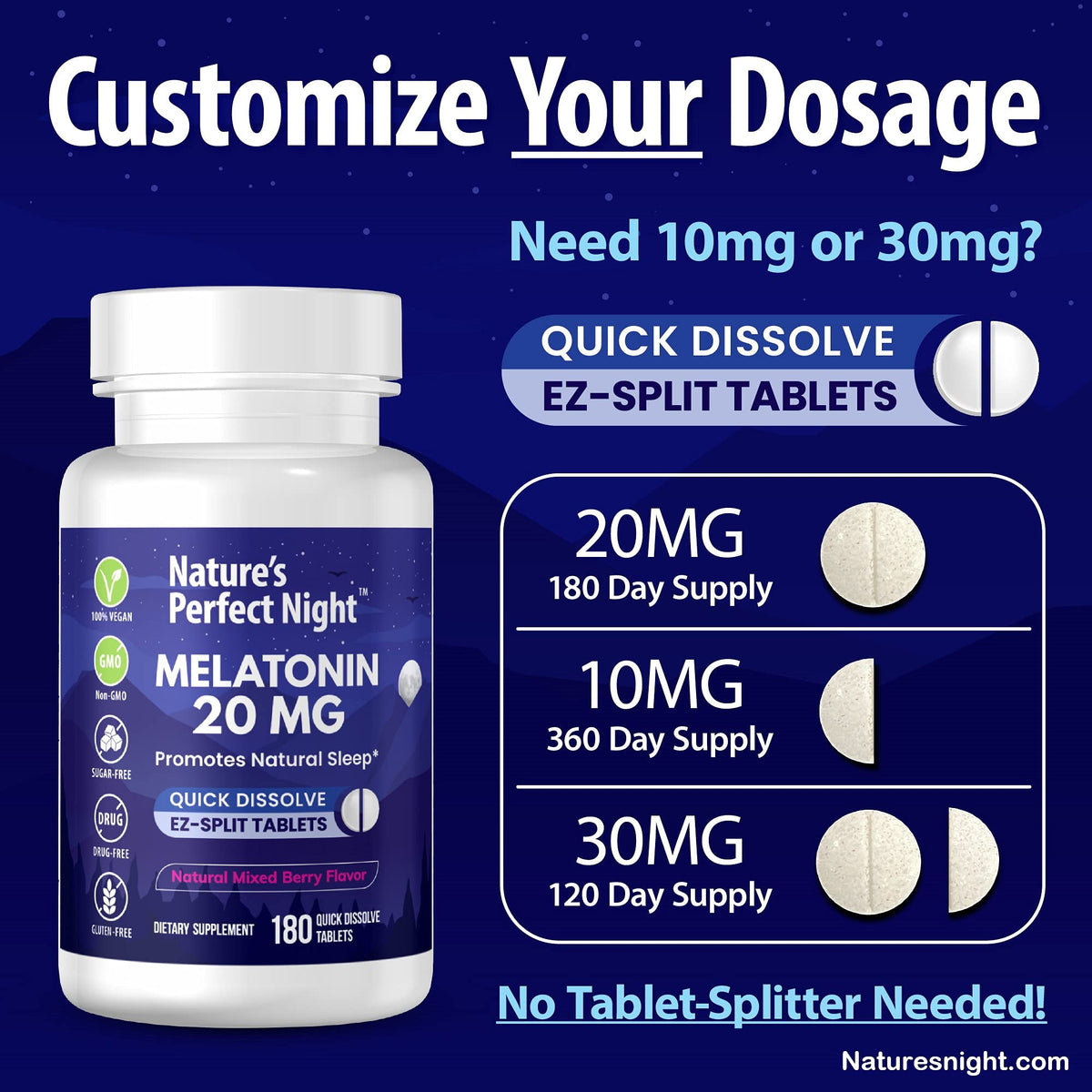 Nature's Perfect Night Melatonin 20mg | 180 أقراص سريعة الذوبان | خالي من السكر