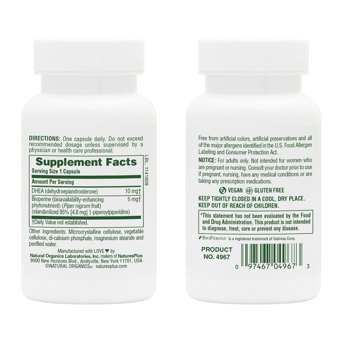 Natures Plus DHEA-10 مع بيوبيرين - 10 ملغ، 90 كبسولة نباتية (خالٍ من الغلوتين)