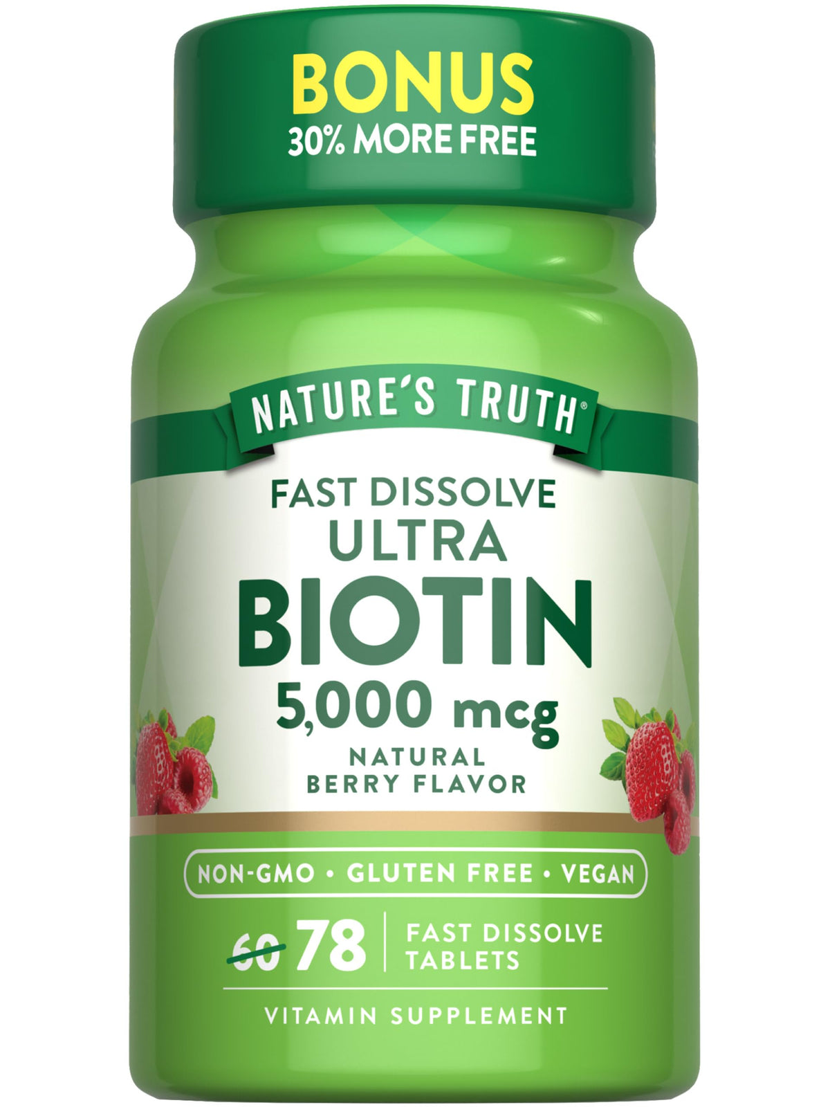 Nature's Truth البيوتين 5000 مكجم - 78 قرص سريع الذوبان، بنكهة التوت، نباتي وخالٍ من الغلوتين