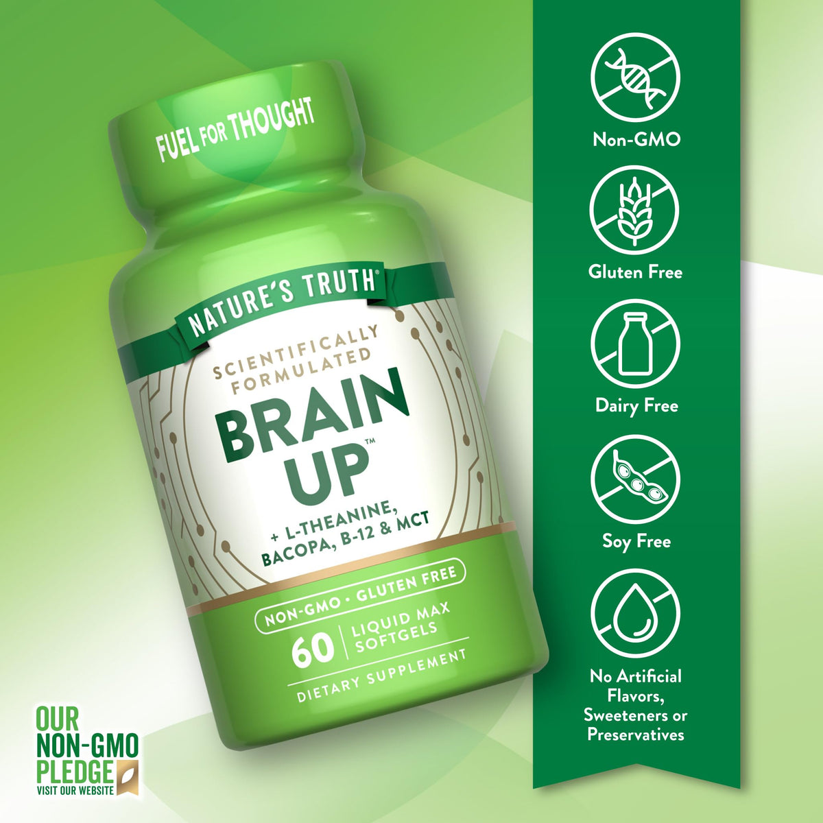 كبسولات Nature's Truth Brain Up الهلامية – 60 كبسولة – إل-ثيانين، باكوبا، ب12 وزيت MCT – غير معدلة وراثيًا، خالية من الغلوتين