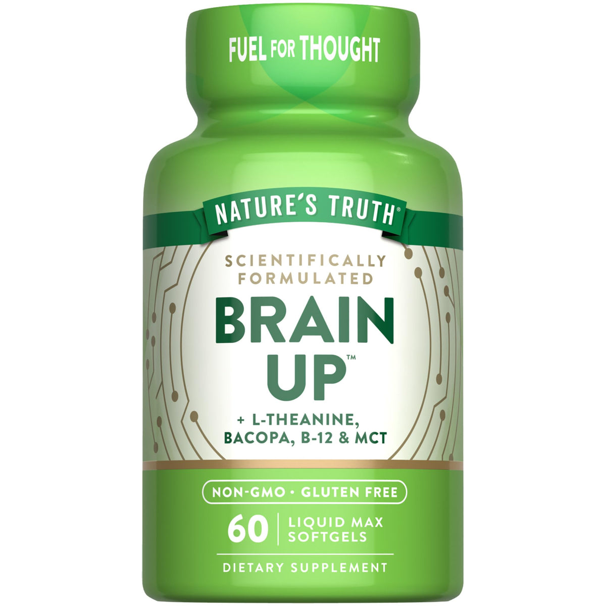 كبسولات Nature's Truth Brain Up الهلامية – 60 كبسولة – إل-ثيانين، باكوبا، ب12 وزيت MCT – غير معدلة وراثيًا، خالية من الغلوتين