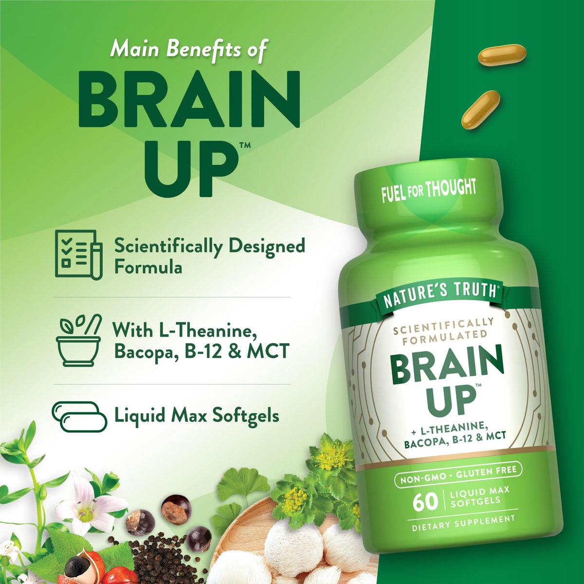 كبسولات Nature's Truth Brain Up الهلامية – 60 كبسولة – إل-ثيانين، باكوبا، ب12 وزيت MCT – غير معدلة وراثيًا، خالية من الغلوتين