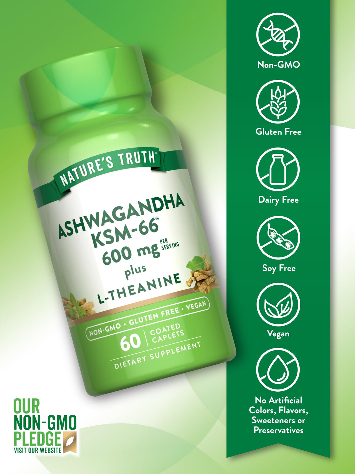 Nature's Truth KSM-66 آشواغاندا مع إل-ثيانين | 60 كبسولة | نباتي، غير معدل وراثيًا، خالٍ من الغلوتين