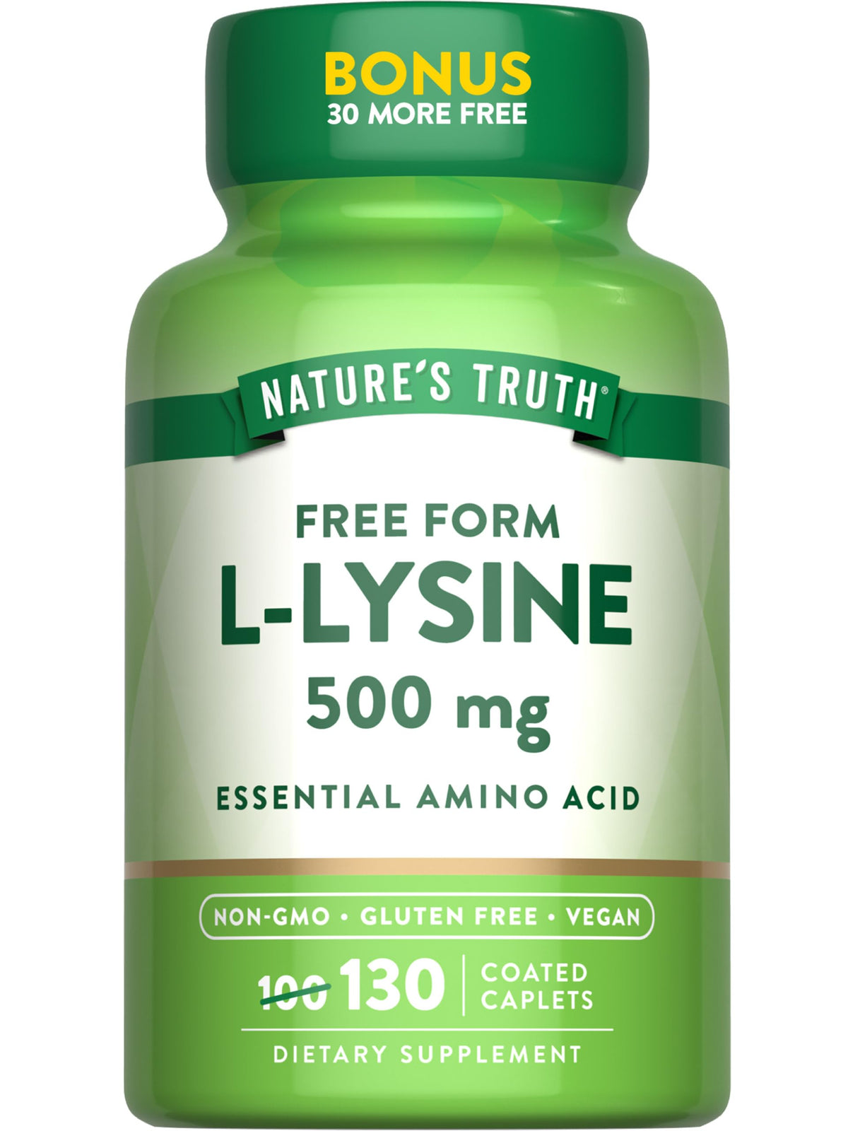 Nature's Truth L-Lysine 500mg | 130 كبسولة مغلفة | شكل حر | حمض أميني أساسي | نباتي، غير معدل وراثيًا، خالٍ من الغلوتين