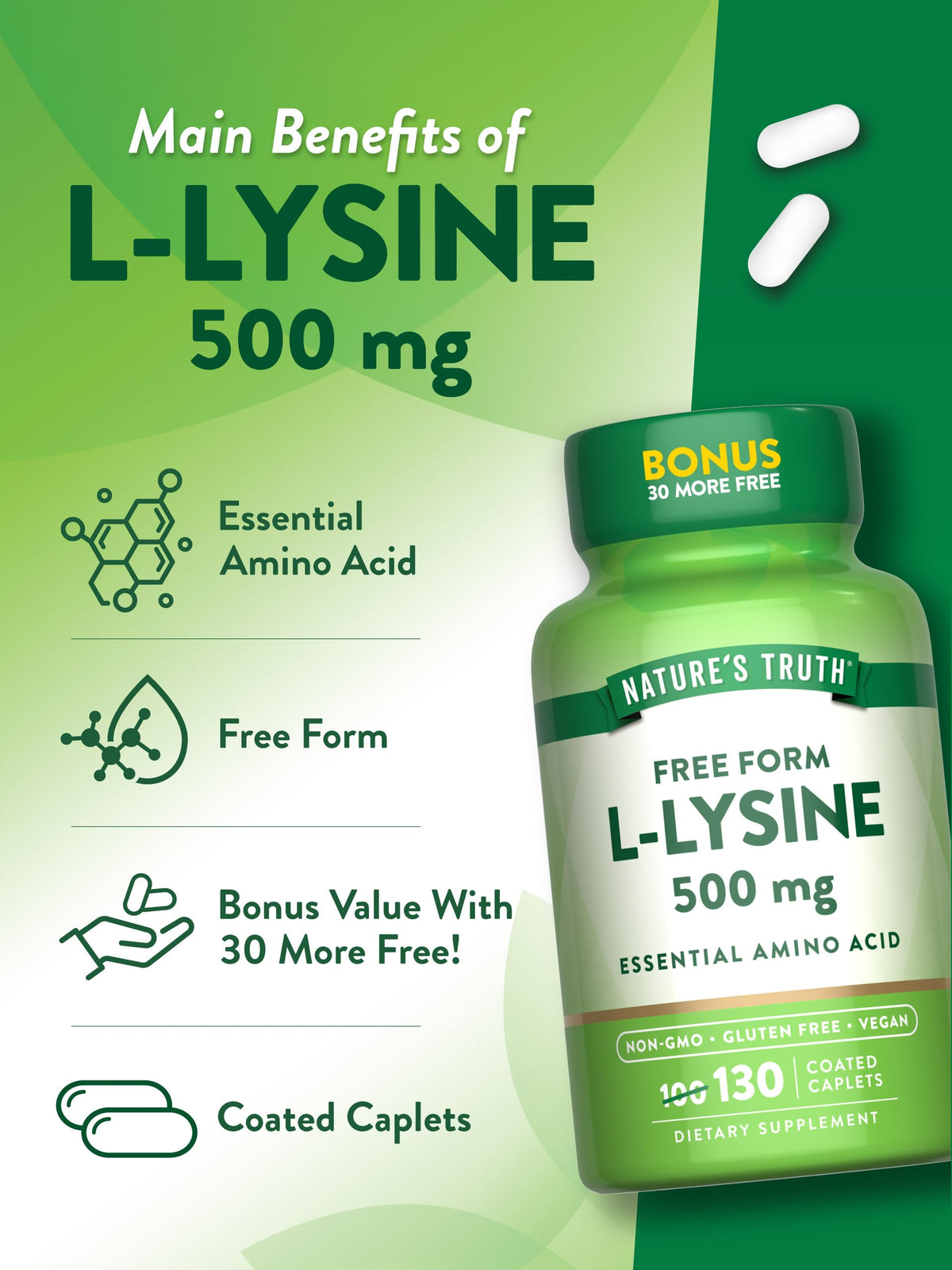 Nature's Truth L-Lysine 500mg | 130 كبسولة مغلفة | شكل حر | حمض أميني أساسي | نباتي، غير معدل وراثيًا، خالٍ من الغلوتين