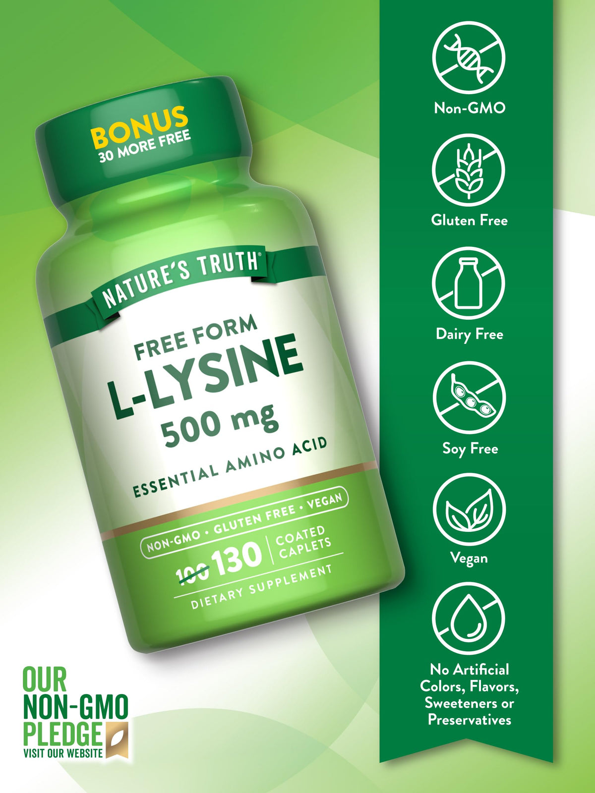 Nature's Truth L-Lysine 500mg | 130 كبسولة مغلفة | شكل حر | حمض أميني أساسي | نباتي، غير معدل وراثيًا، خالٍ من الغلوتين