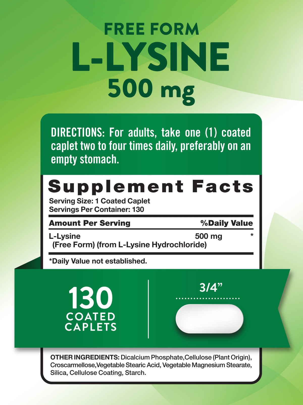 Nature's Truth L-Lysine 500mg | 130 كبسولة مغلفة | شكل حر | حمض أميني أساسي | نباتي، غير معدل وراثيًا، خالٍ من الغلوتين