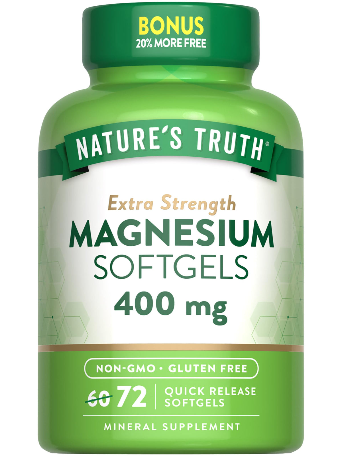 Nature's Truth Magnesium 400mg – 72 كبسولة هلامية | قوة مضاعفة، غير معدّل وراثيًا، خالٍ من الغلوتين