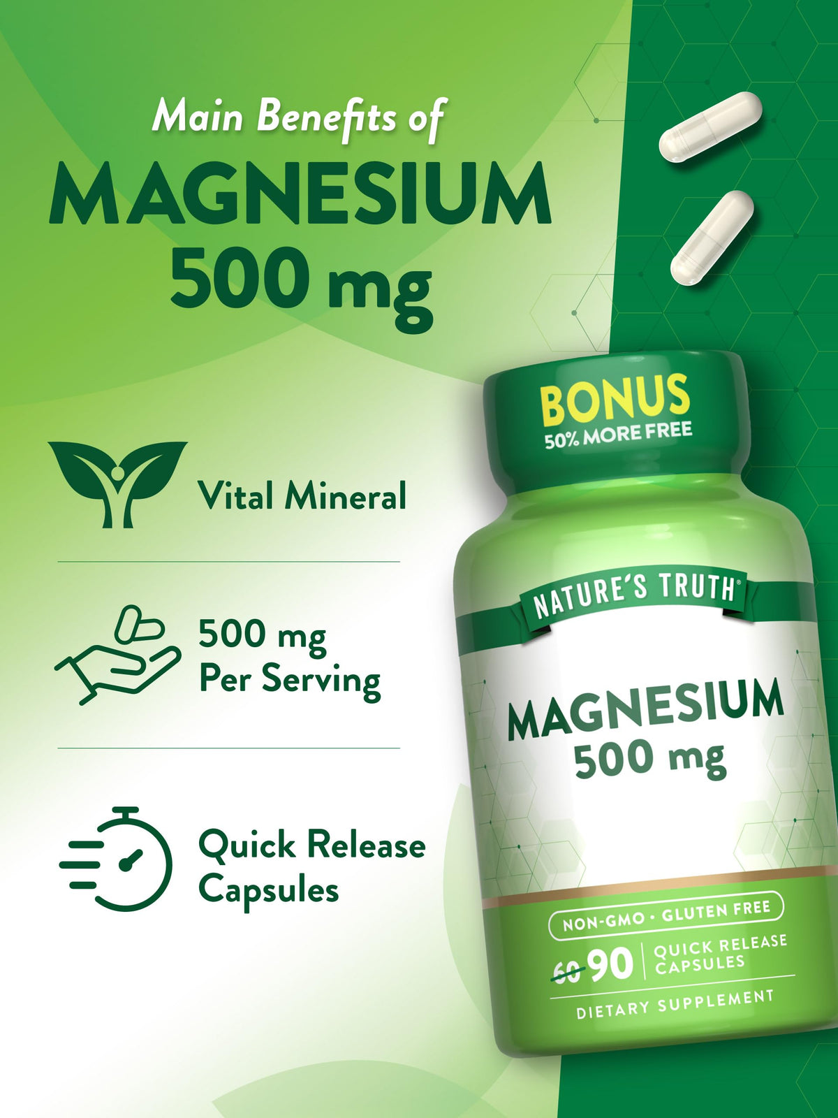Nature's Truth Magnesium Oxide 500mg Capsules β 90 Count | Non-GMO & Gluten Free High Strength