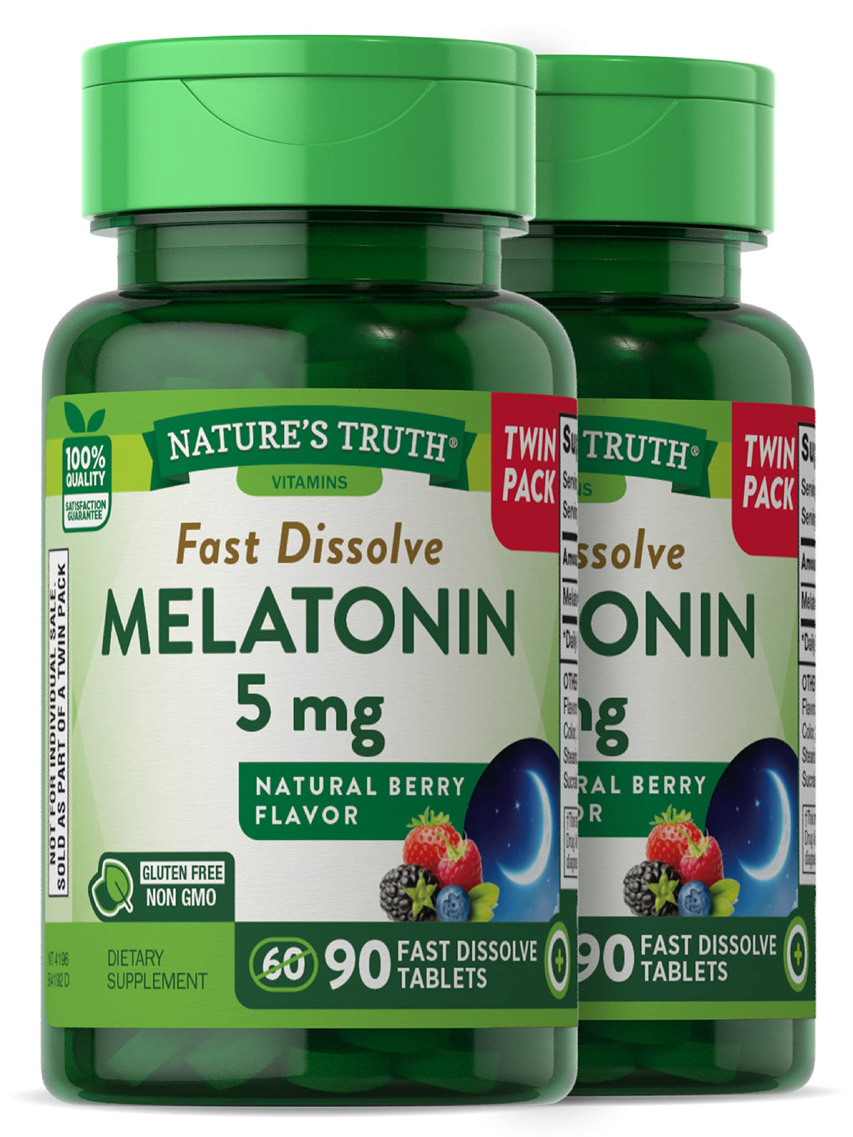 Nature's Truth Melatonin 5 mg سريع الذوبان - نكهة التوت، 180 قرص (عبوة مزدوجة) | نباتي، غير معدل وراثيًا، خالٍ من الجلوتين