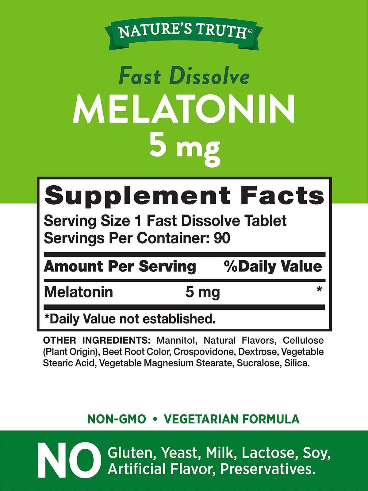 Nature's Truth Melatonin 5 mg سريع الذوبان - نكهة التوت، 180 قرص (عبوة مزدوجة) | نباتي، غير معدل وراثيًا، خالٍ من الجلوتين