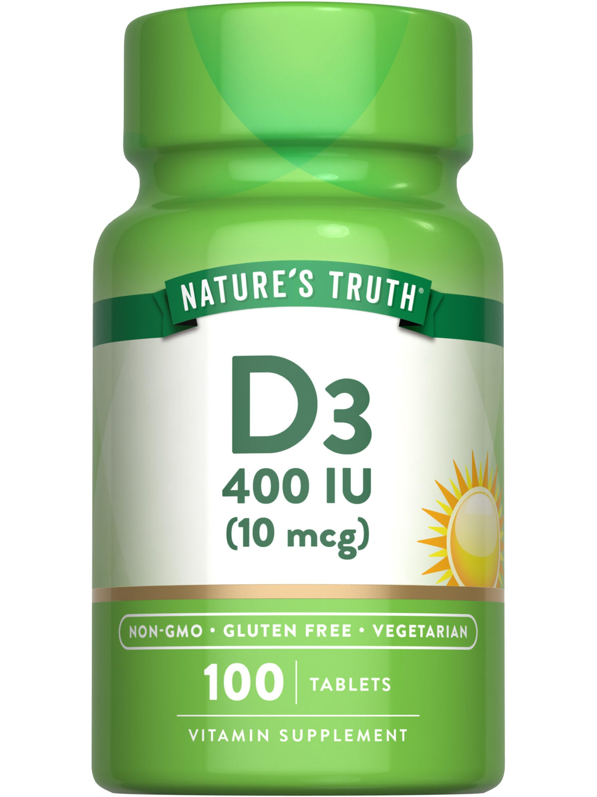 Nature's Truth فيتامين د3 400 وحدة دولية (10 مكجم) - 100 قرص نباتي، غير معدّل وراثيًا وخالٍ من الغلوتين