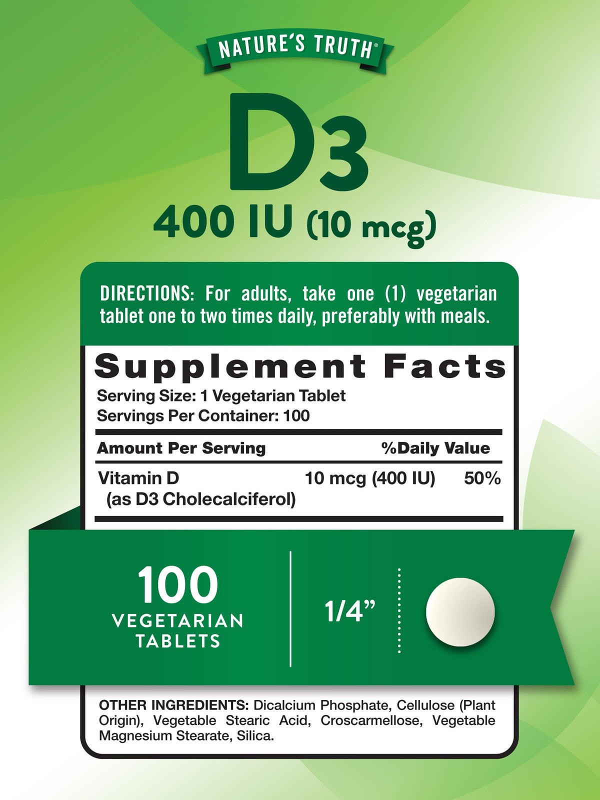 Nature's Truth فيتامين د3 400 وحدة دولية (10 مكجم) - 100 قرص نباتي، غير معدّل وراثيًا وخالٍ من الغلوتين