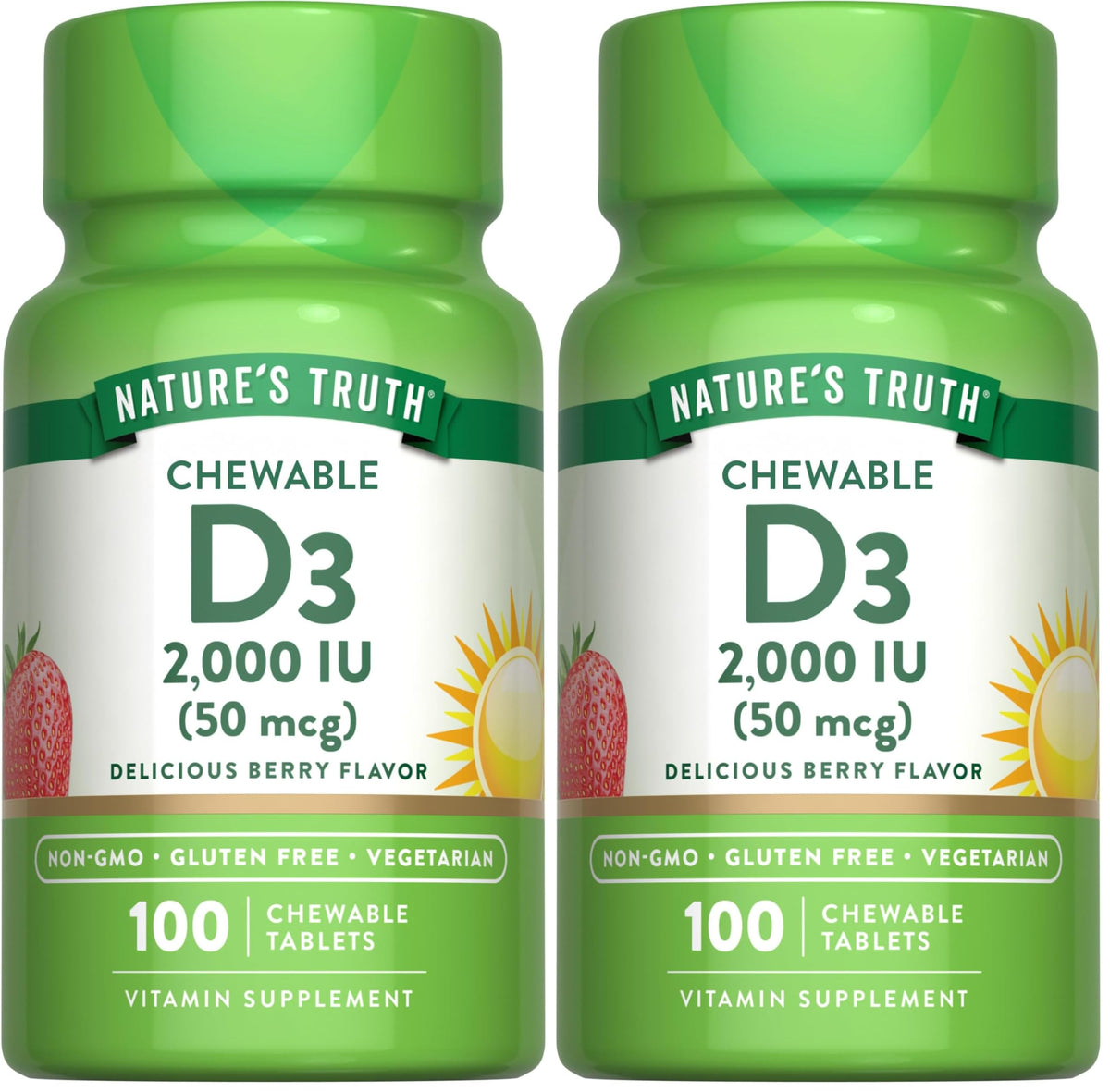 Nature's Truth Chewable Vitamin D3 2,000 IU β Berry Flavor | 100 Tablets | Vegetarian, Non-GMO, Gluten Free | Pack of 2