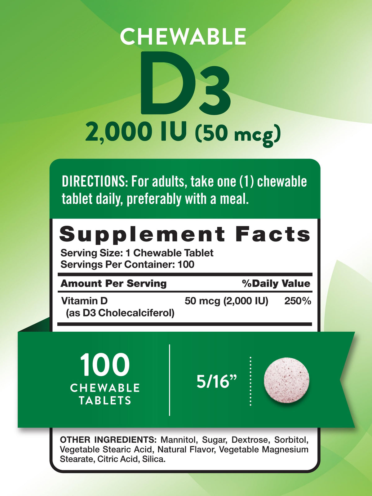 Nature's Truth Chewable Vitamin D3 2,000 IU β Berry Flavor | 100 Tablets | Vegetarian, Non-GMO, Gluten Free | Pack of 2