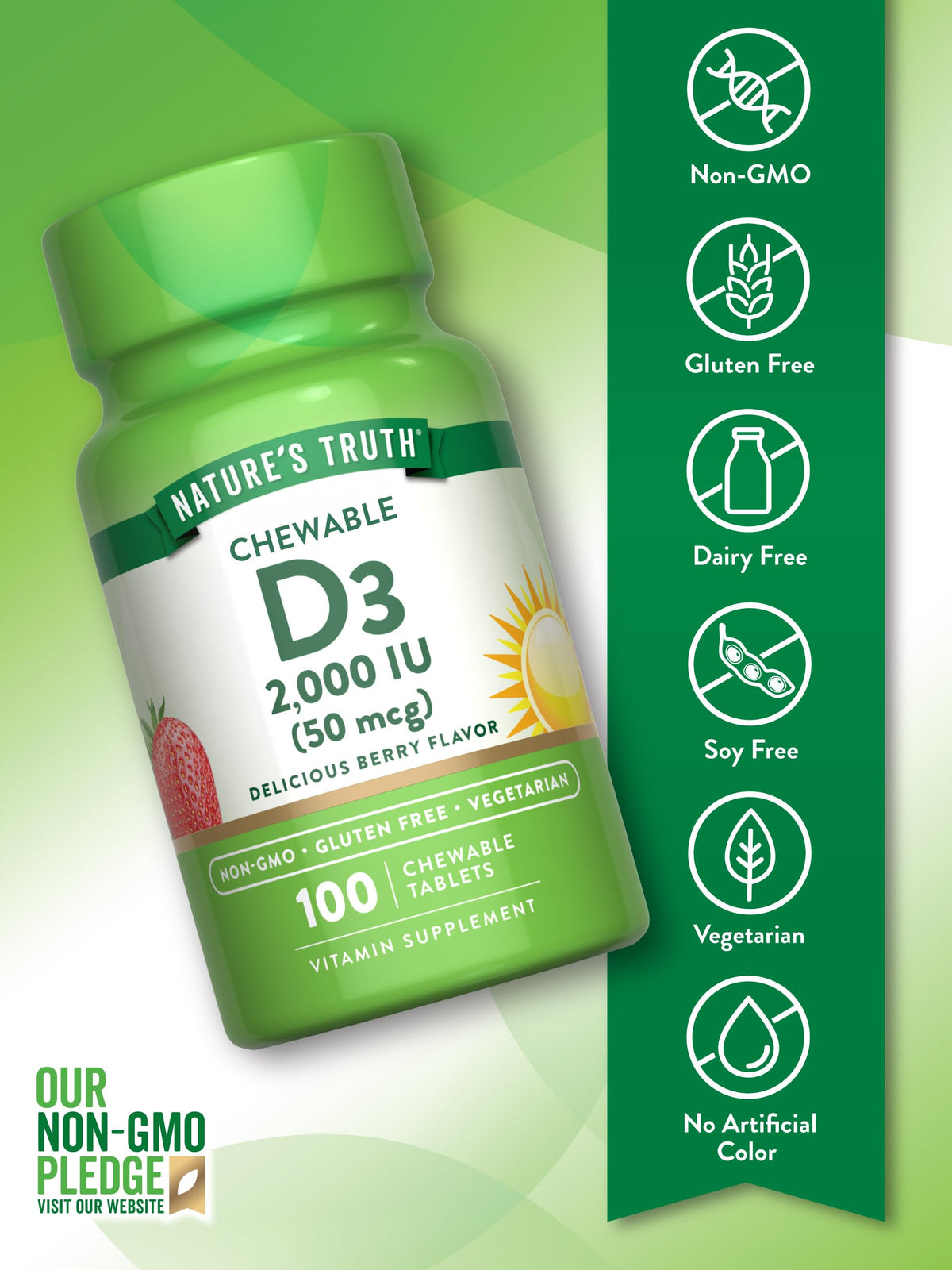 Nature's Truth Chewable Vitamin D3 2,000 IU β Berry Flavor | 100 Tablets | Vegetarian, Non-GMO, Gluten Free | Pack of 2