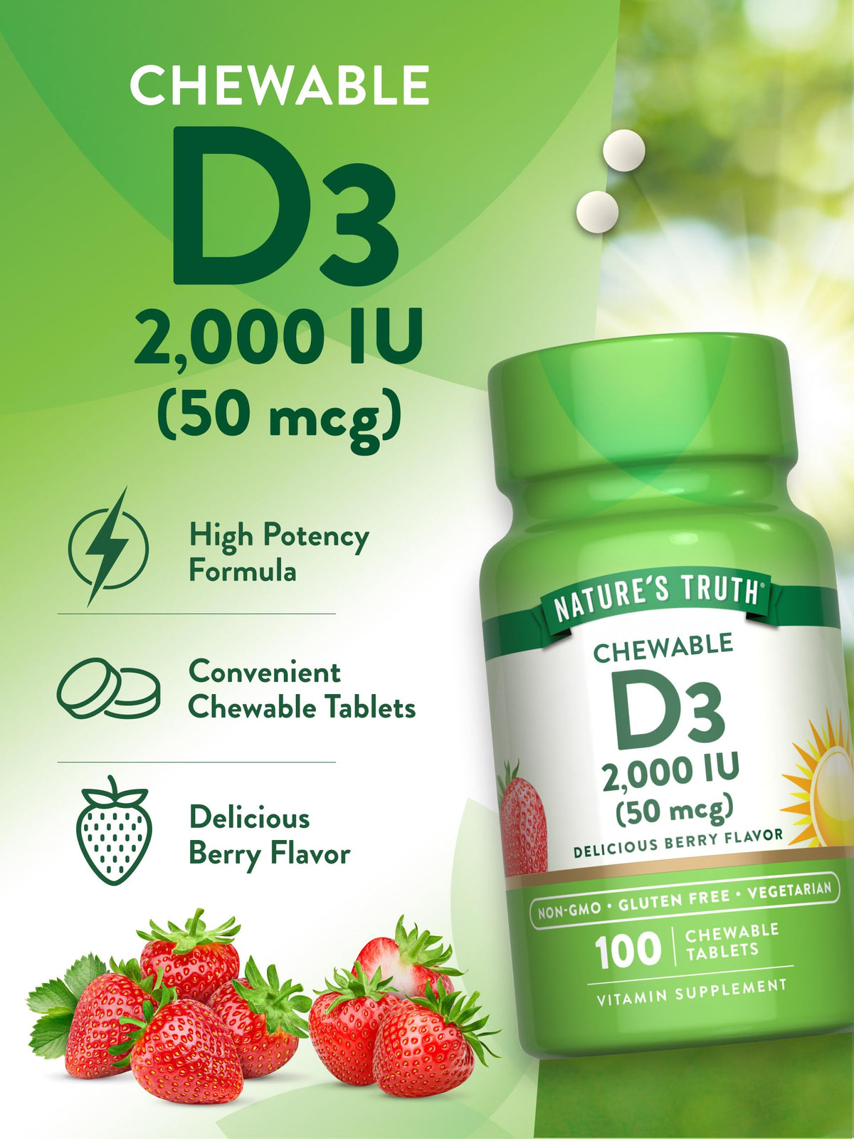 Nature's Truth Chewable Vitamin D3 2,000 IU β Berry Flavor | 100 Tablets | Vegetarian, Non-GMO, Gluten Free | Pack of 2