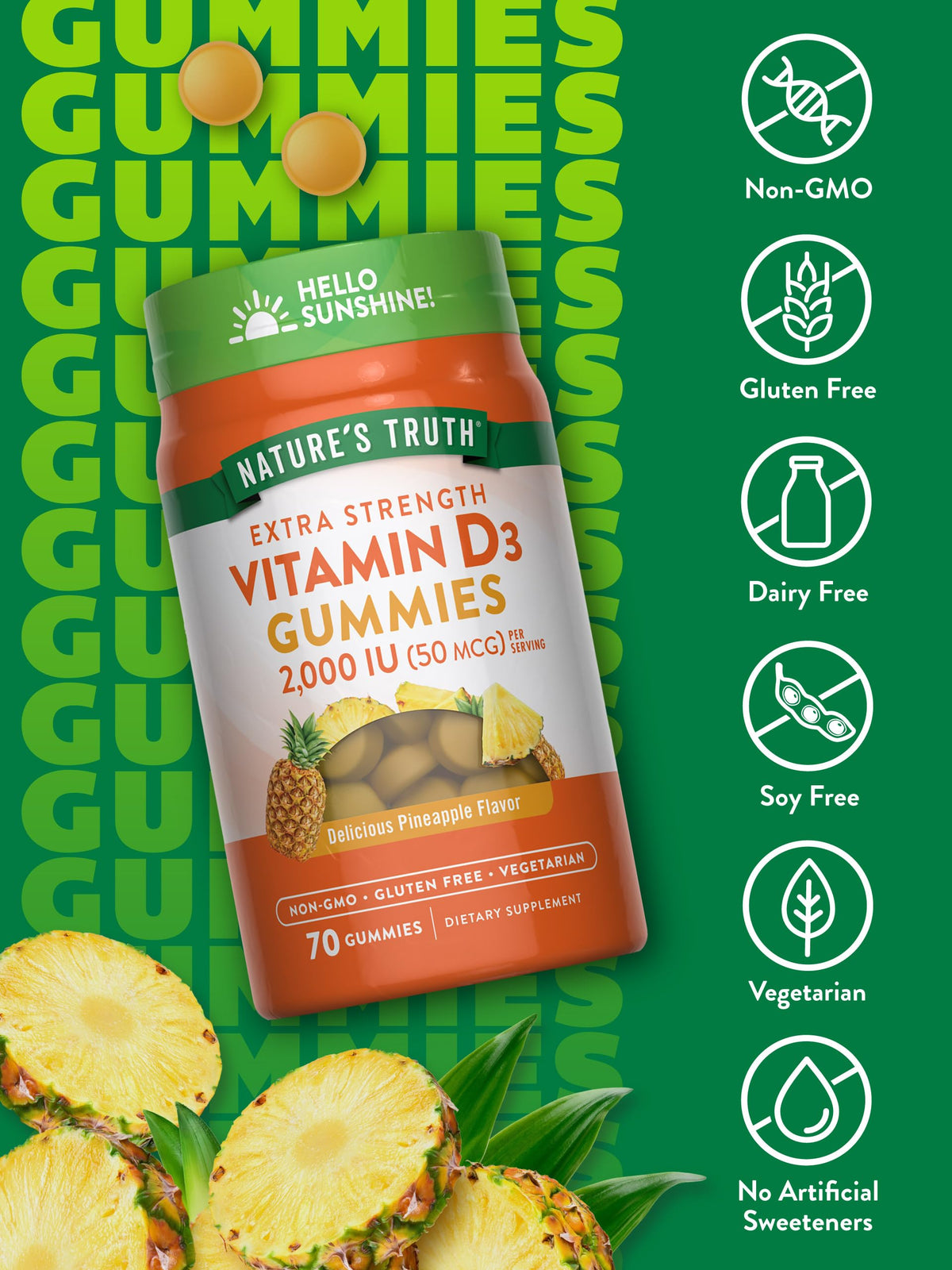 Nature's Truth Vitamin D3 Gummies 2000 IU β 70 Count, Pineapple Flavor, Vegetarian, Non-GMO, Gluten Free