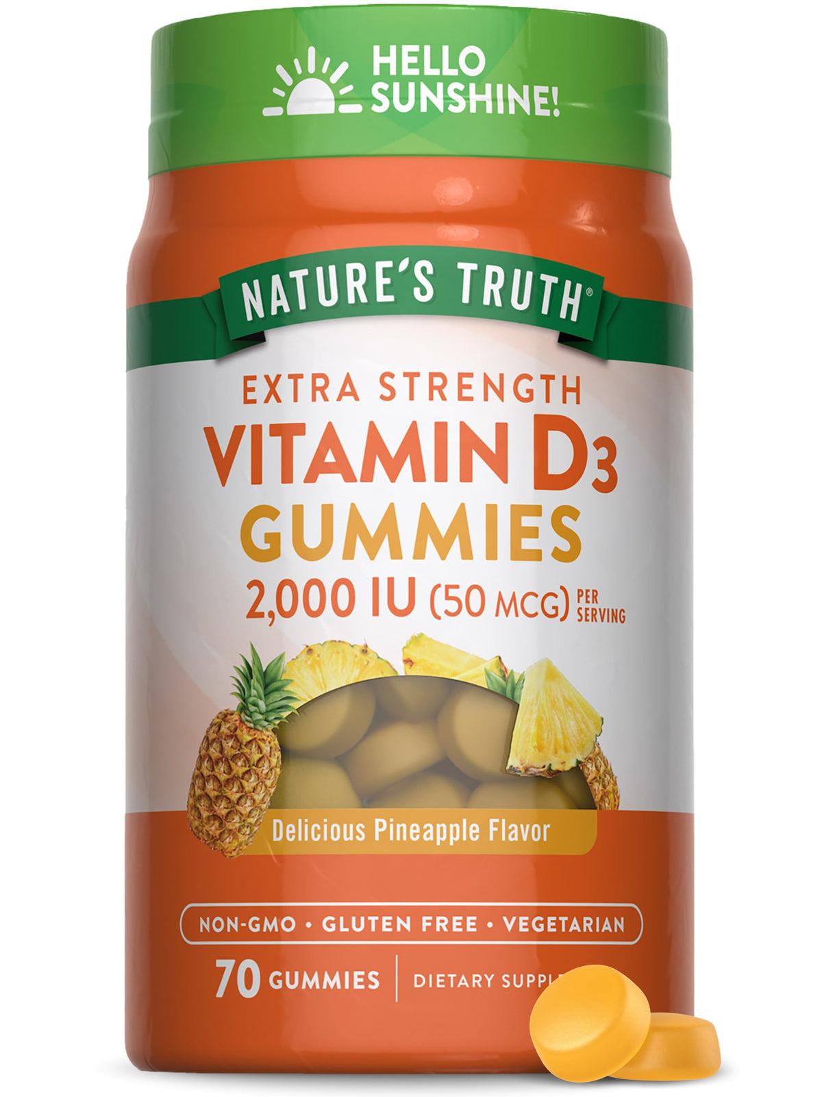 Nature's Truth Vitamin D3 Gummies 2000 IU β 70 Count, Pineapple Flavor, Vegetarian, Non-GMO, Gluten Free