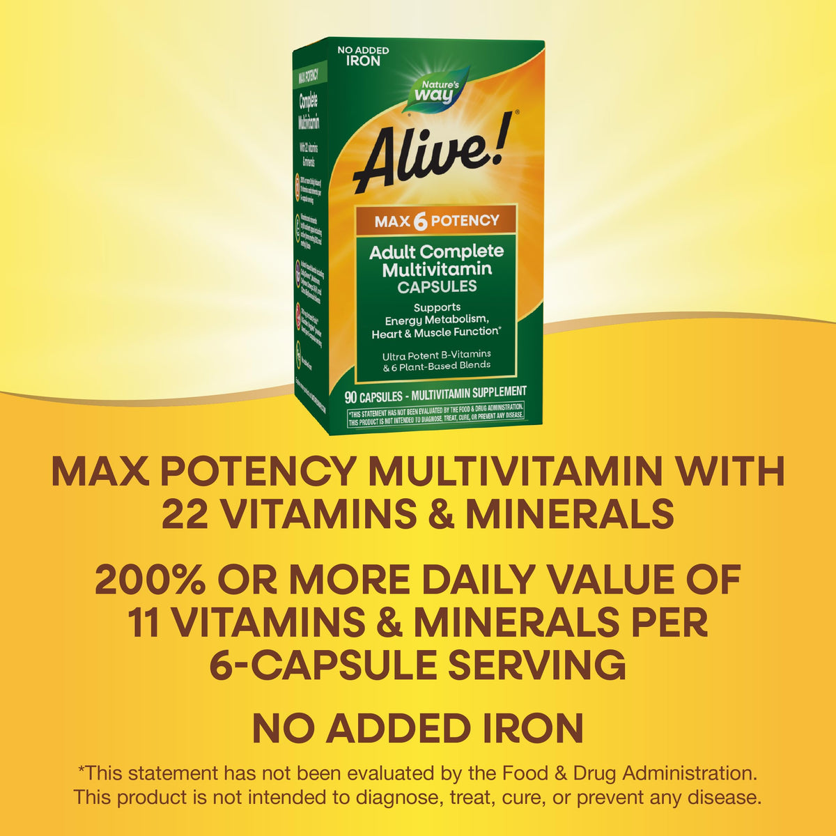 فيتامينات Alive! Max6 Potency المتعددة الكاملة للبالغين من Nature's Way – 22 فيتامين، 6 خلطات نباتية، بدون حديد مضاف | 90 كبسولة