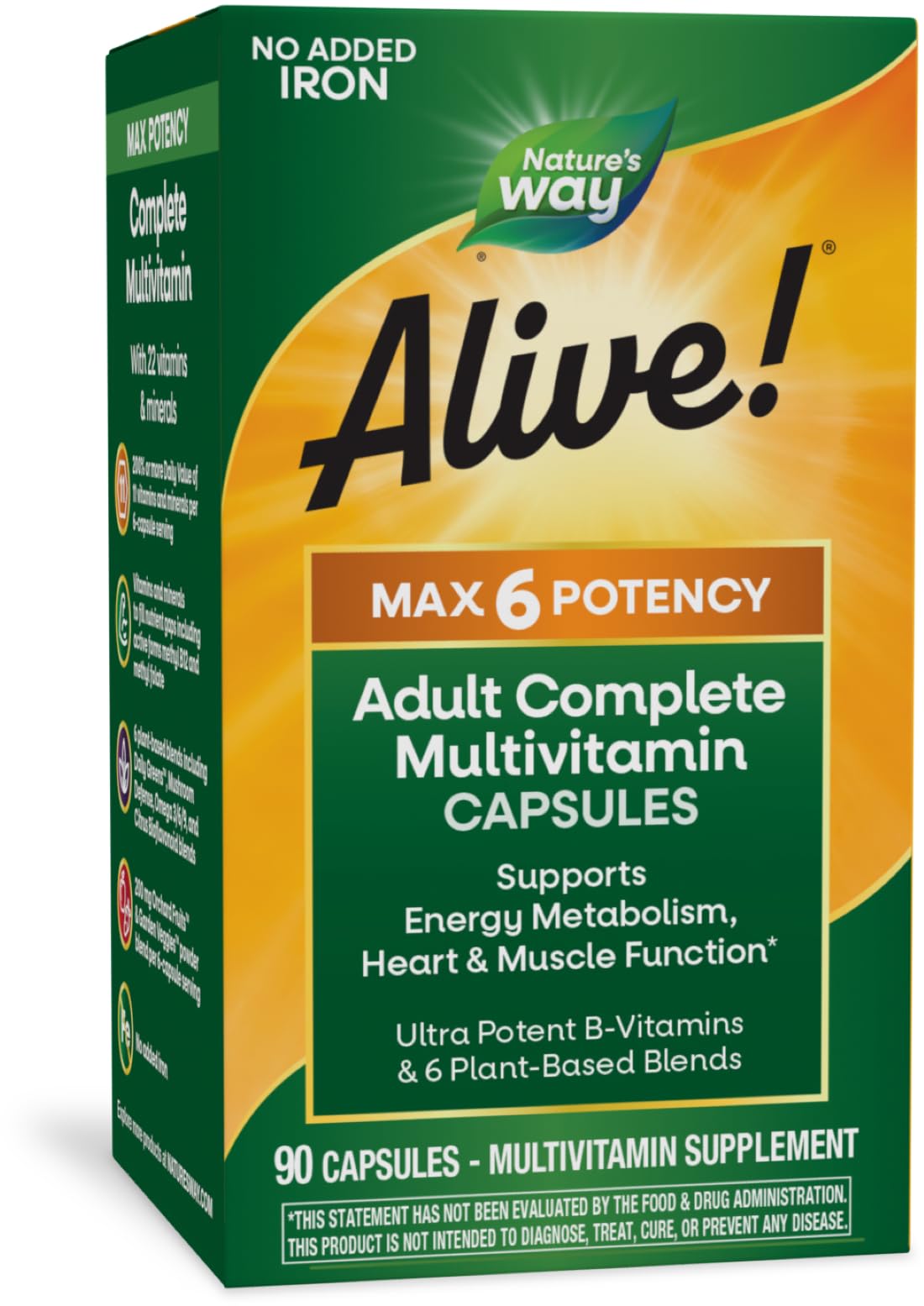 فيتامينات Alive! Max6 Potency المتعددة الكاملة للبالغين من Nature's Way – 22 فيتامين، 6 خلطات نباتية، بدون حديد مضاف | 90 كبسولة