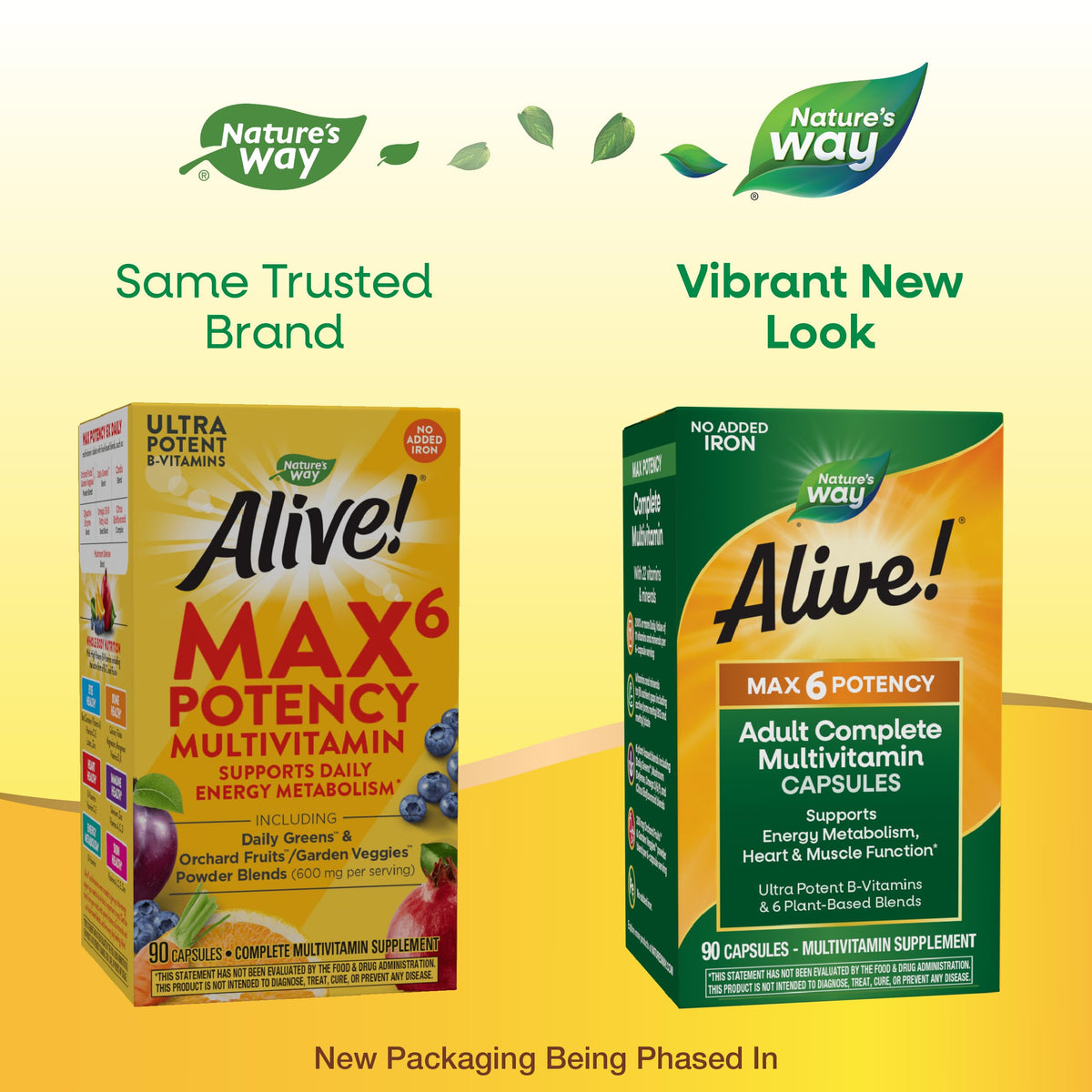 فيتامينات Alive! Max6 Potency المتعددة الكاملة للبالغين من Nature's Way – 22 فيتامين، 6 خلطات نباتية، بدون حديد مضاف | 90 كبسولة