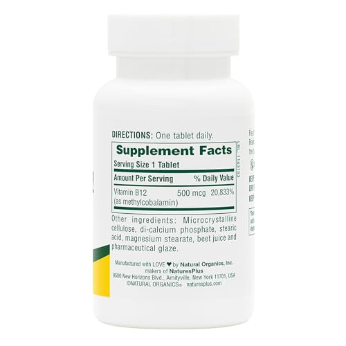 Nature's Plus فيتامين B12 (ميثيل كوبالامين) 500 مكجم – 90 قرص نباتي | يدعم كريات الدم الحمراء، معزز للطاقة، خالٍ من الغلوتين
