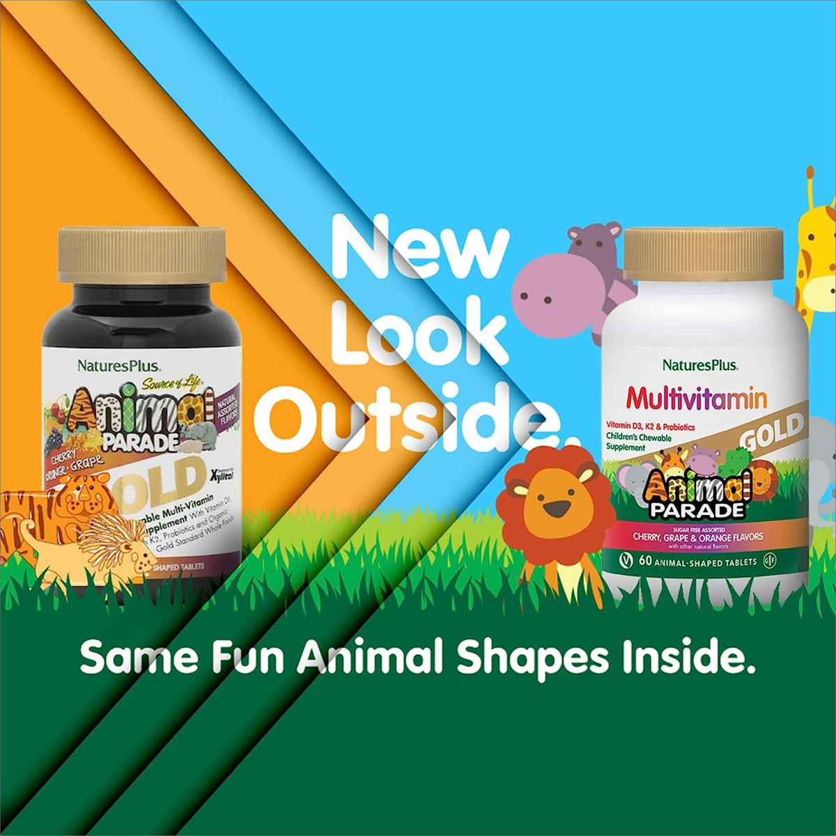 فيتامينات NaturesPlus Animal Parade Gold المتعددة للأطفال – 60 قرص مضغ بنكهة الكرز/البرتقال/العنب، عبوة مزدوجة (خالية من الجلوتين، نباتية)