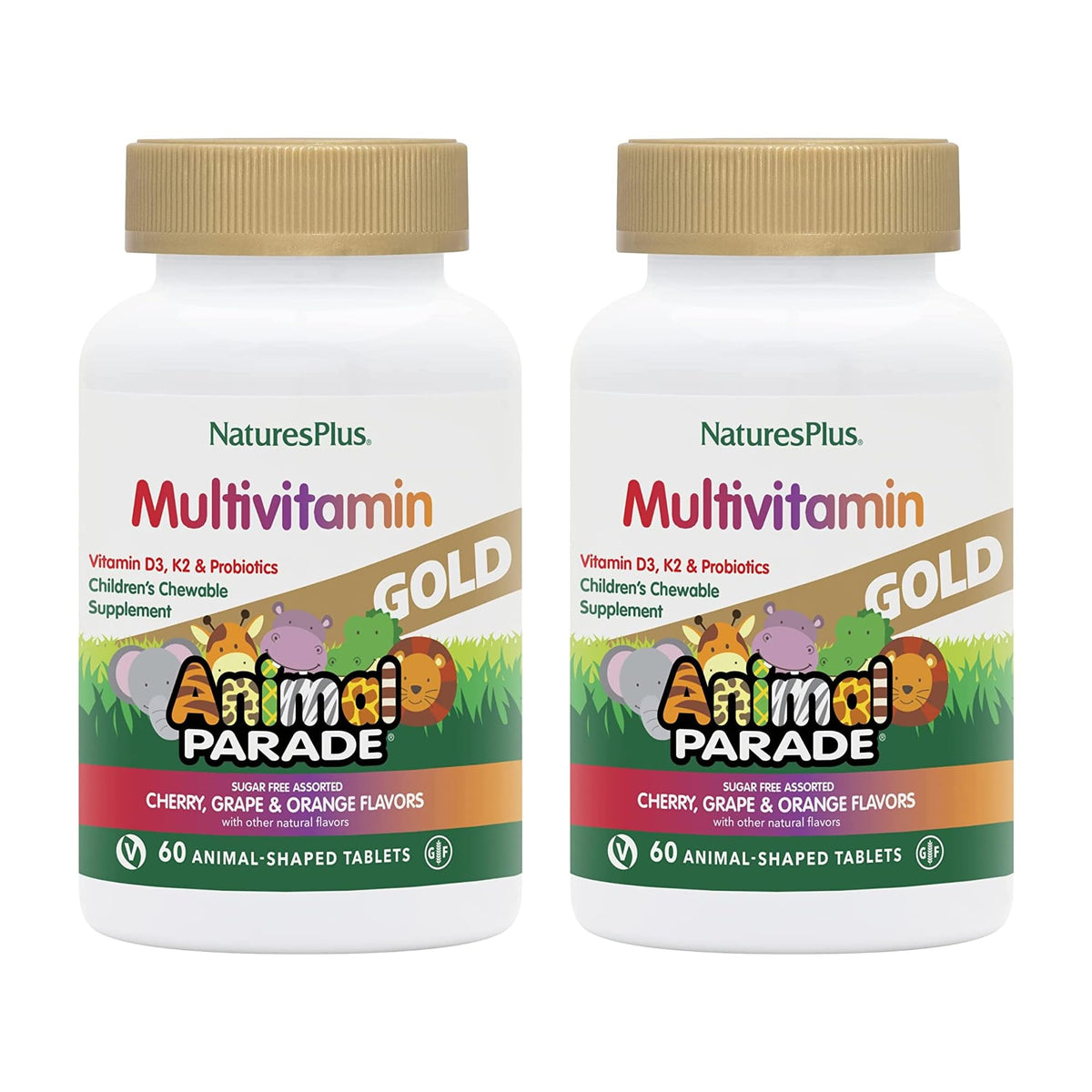 فيتامينات NaturesPlus Animal Parade Gold المتعددة للأطفال – 60 قرص مضغ بنكهة الكرز/البرتقال/العنب، عبوة مزدوجة (خالية من الجلوتين، نباتية)