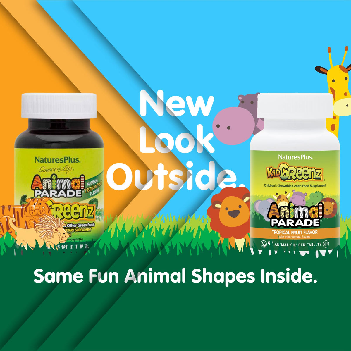 NaturesPlus Animal Parade KidGreenz – أقراص استحلاب بنكهة الفاكهة الاستوائية (90 × 2) 180 حصة، نباتي وخالي من الجلوتين