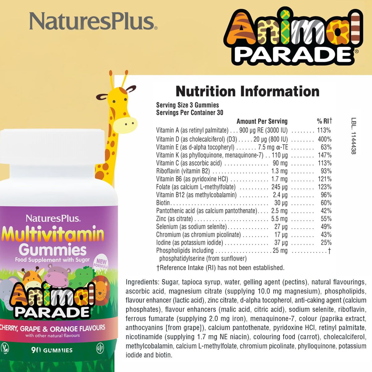 NaturesPlus Animal Parade Multivitamin Gummies - 90 قطعة، 30 حصة | الكرز والعنب والبرتقال